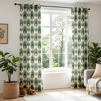 Onay Mid Century Modern Window Curtains – Art Deco Floral Sage Green Drapes