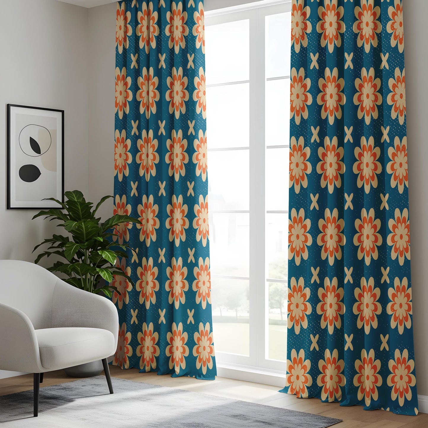 Onay Retro Floral Curtain – Mid Century Modern Orange Teal Flower Drape