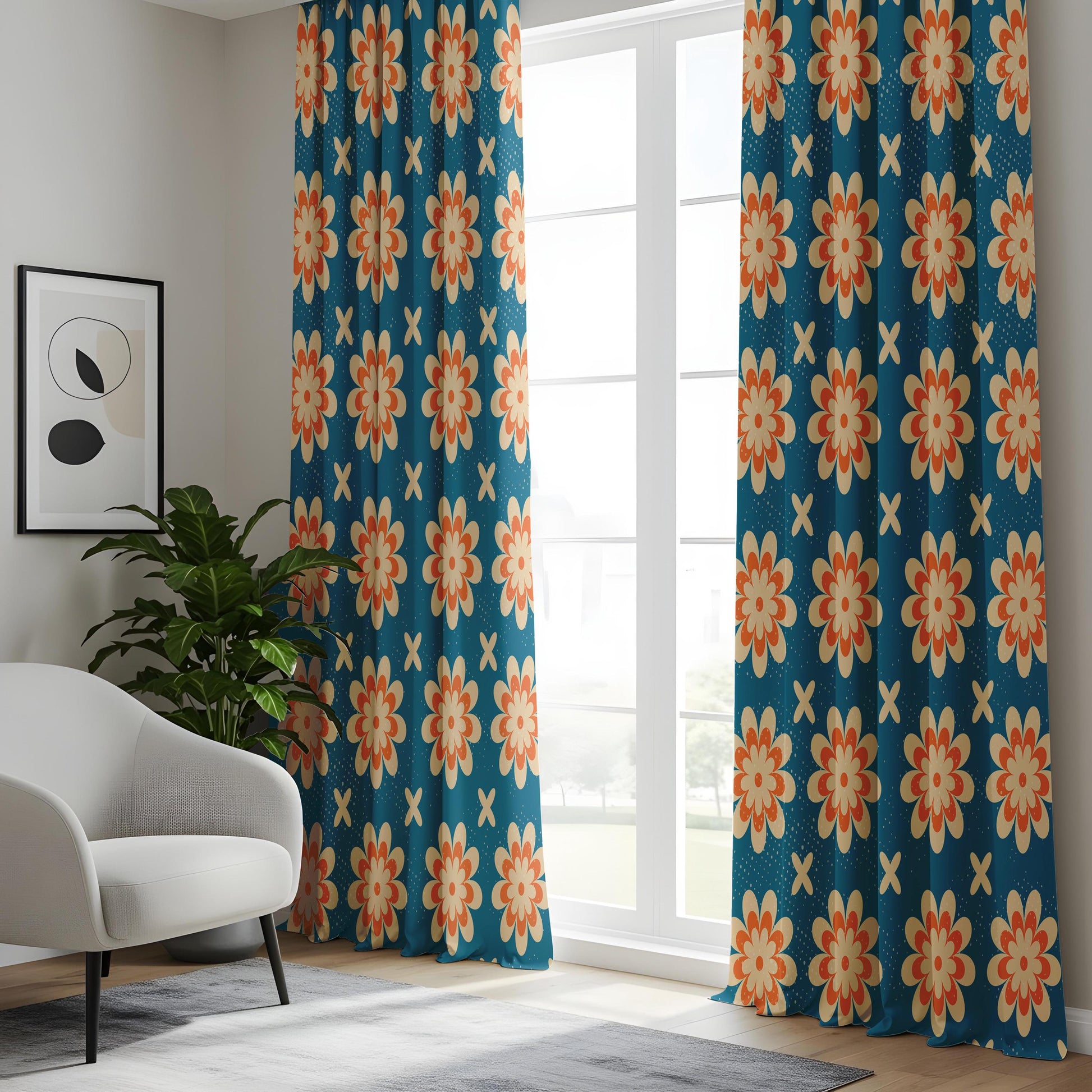 Onay Retro Floral Curtain – Mid Century Modern Orange Teal Flower Drape