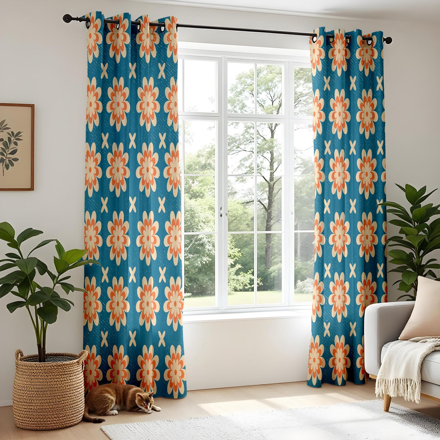 Onay Retro Floral Curtain – Mid Century Modern Orange Teal Flower Drape