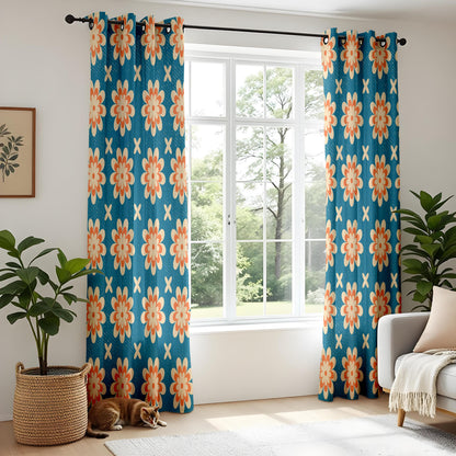 Onay Retro Floral Curtain – Mid Century Modern Orange Teal Flower Drape