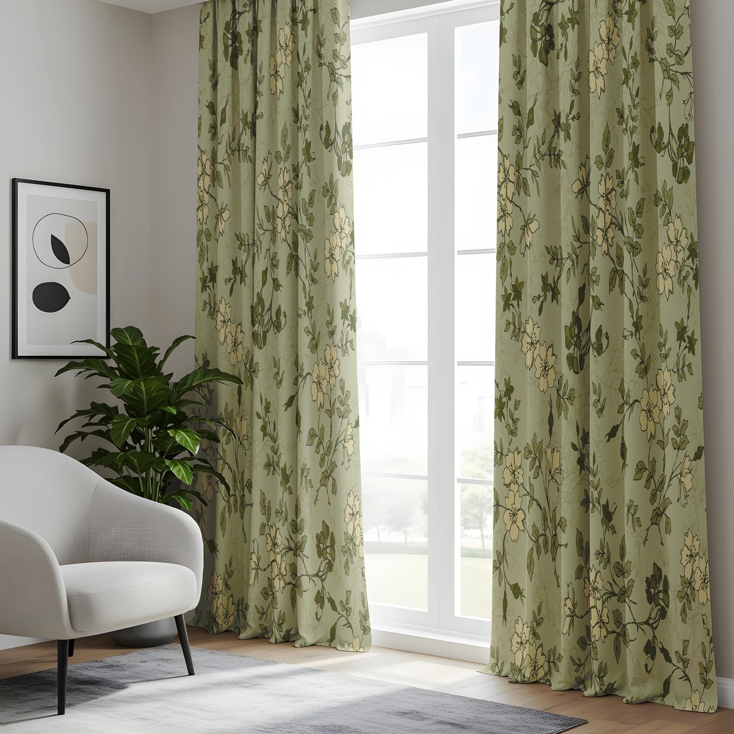 Onay Sage Green Floral Drapes – Botanical Line Art