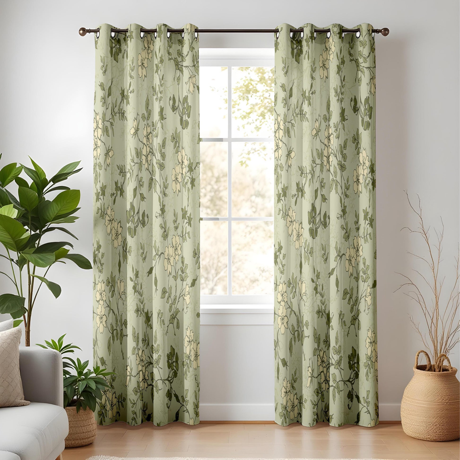 Onay Sage Green Floral Drapes – Botanical Line Art