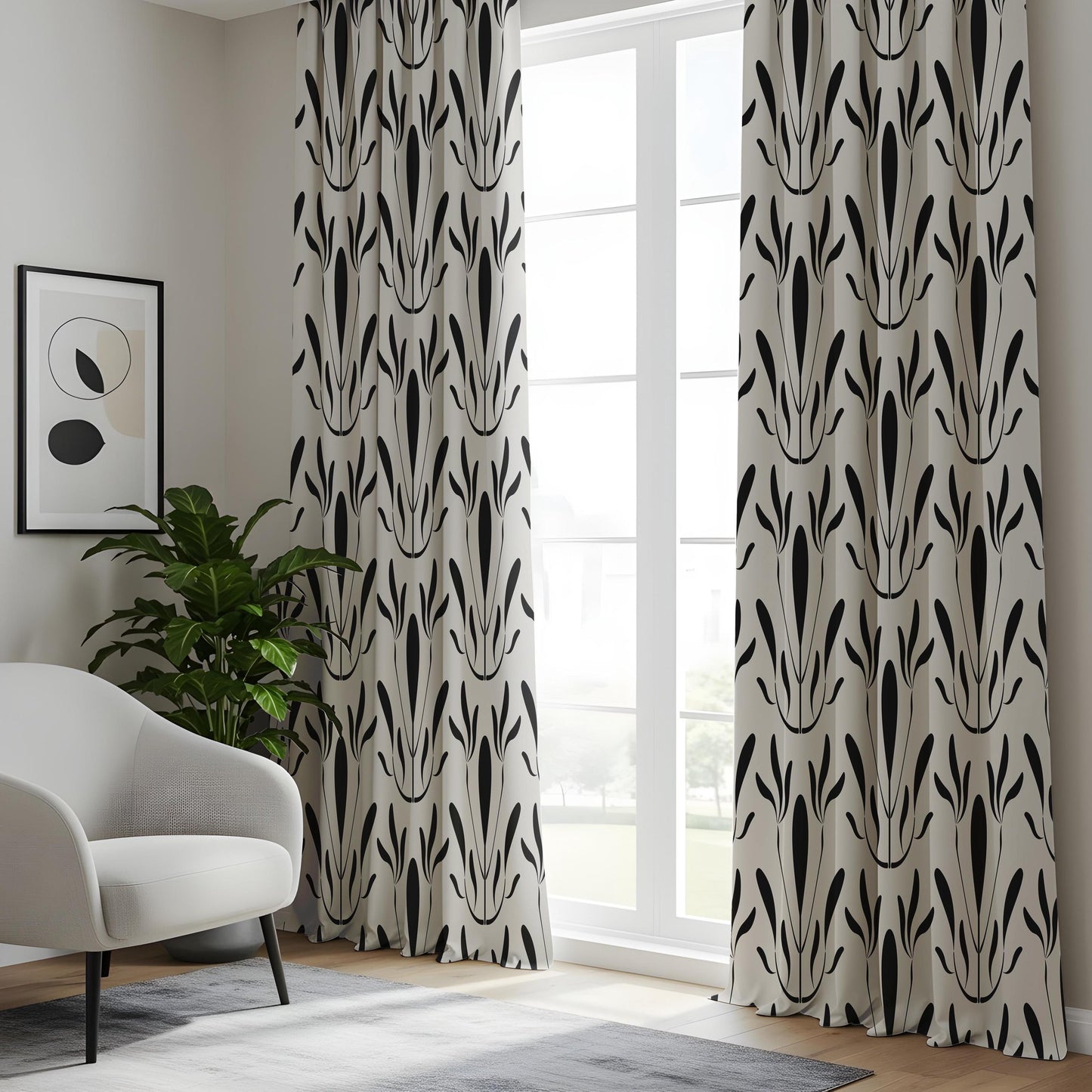 Onay Modern Black White Abstract Leaf Drapes