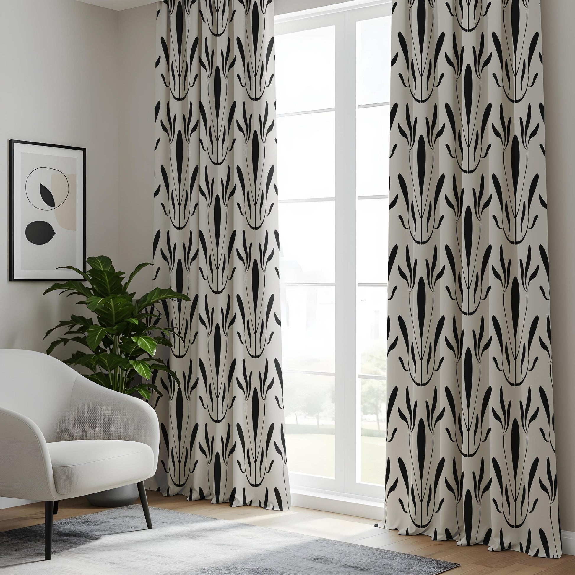 Onay Modern Black White Abstract Leaf Drapes