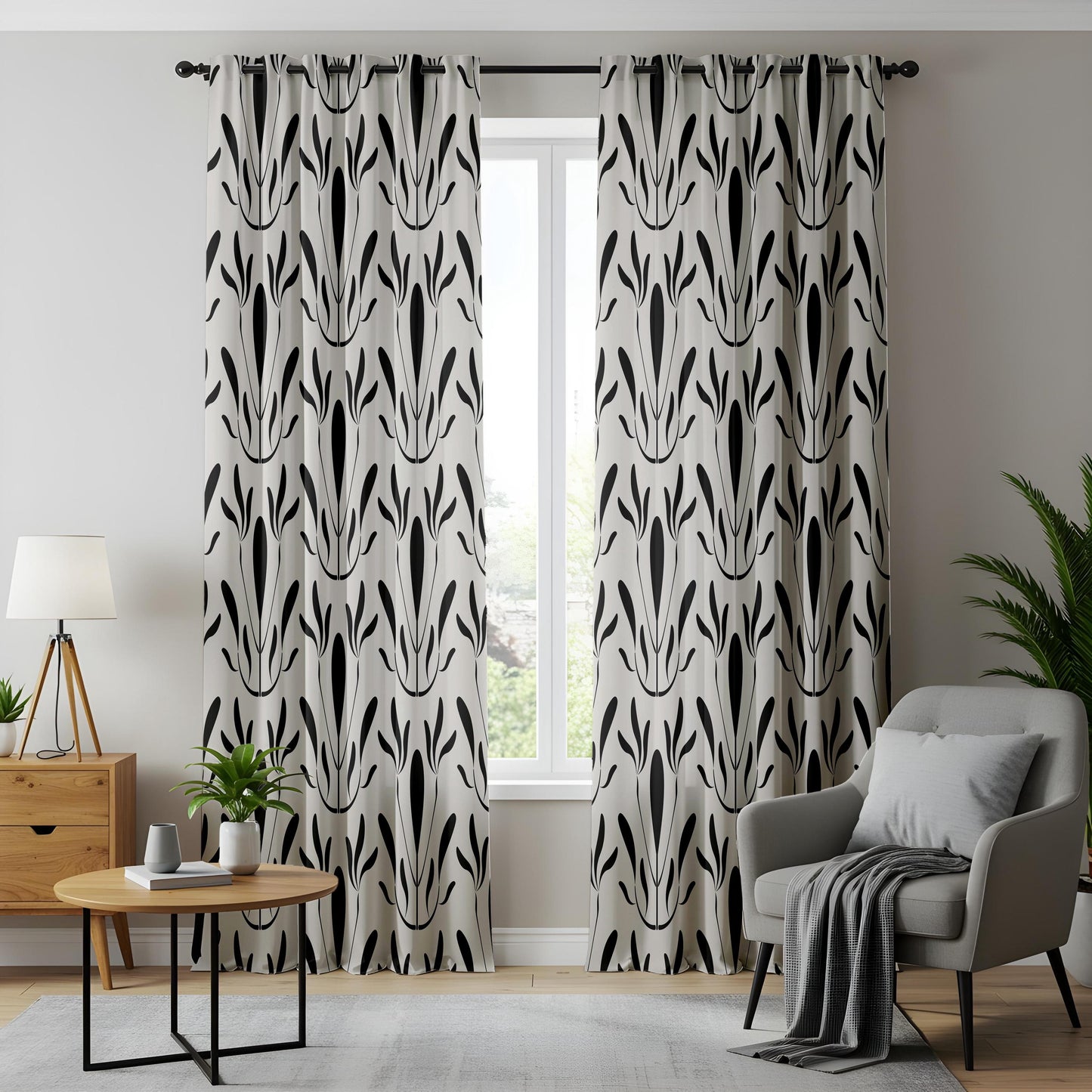 Onay Modern Black White Abstract Leaf Drapes