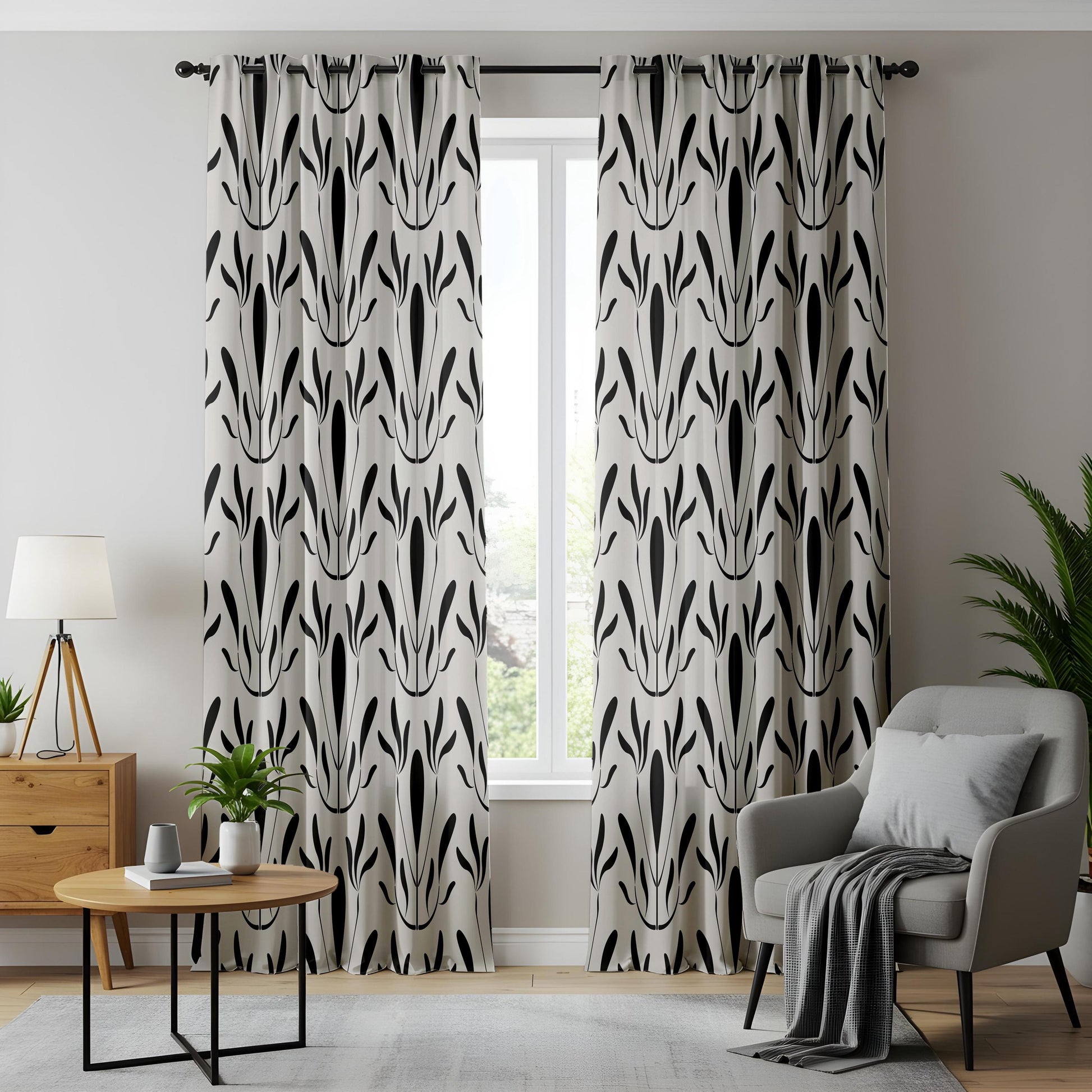 Onay Modern Black White Abstract Leaf Drapes