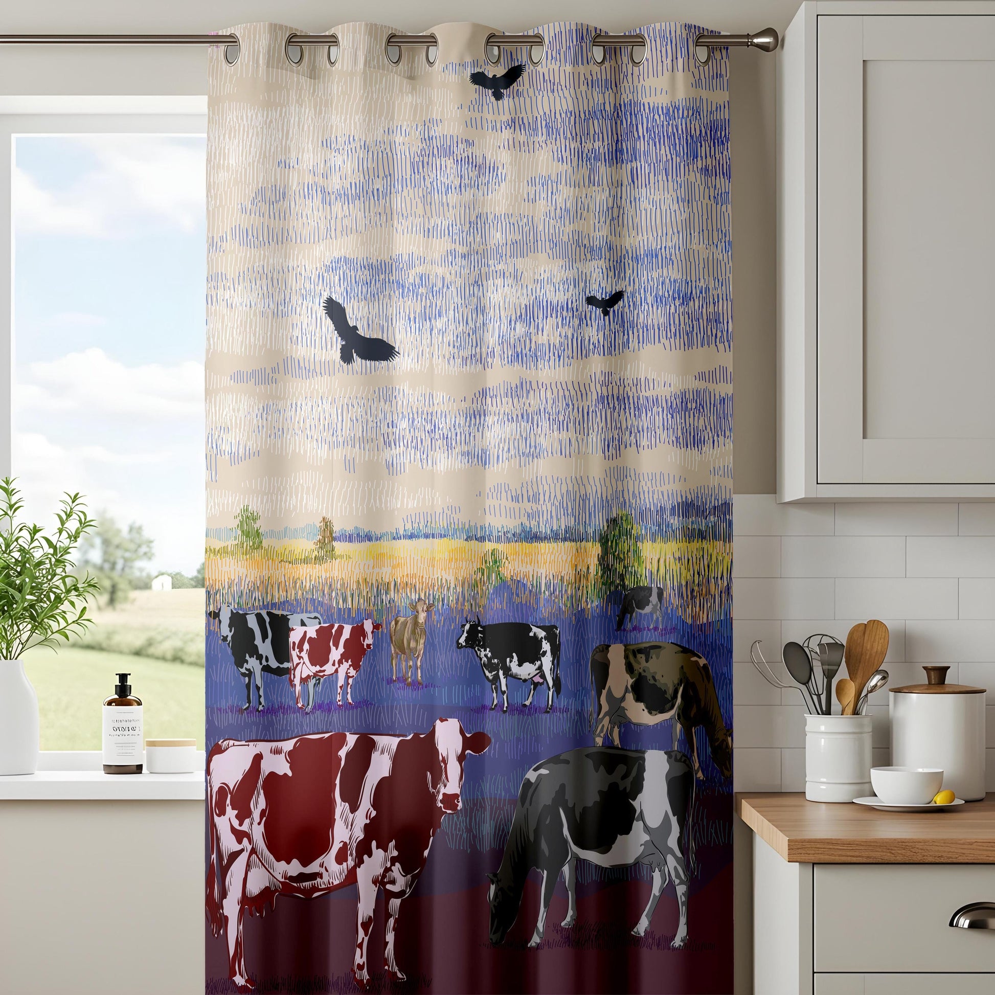 Onay Farmhouse Cow Window Drapes – Rustic Country Landscape