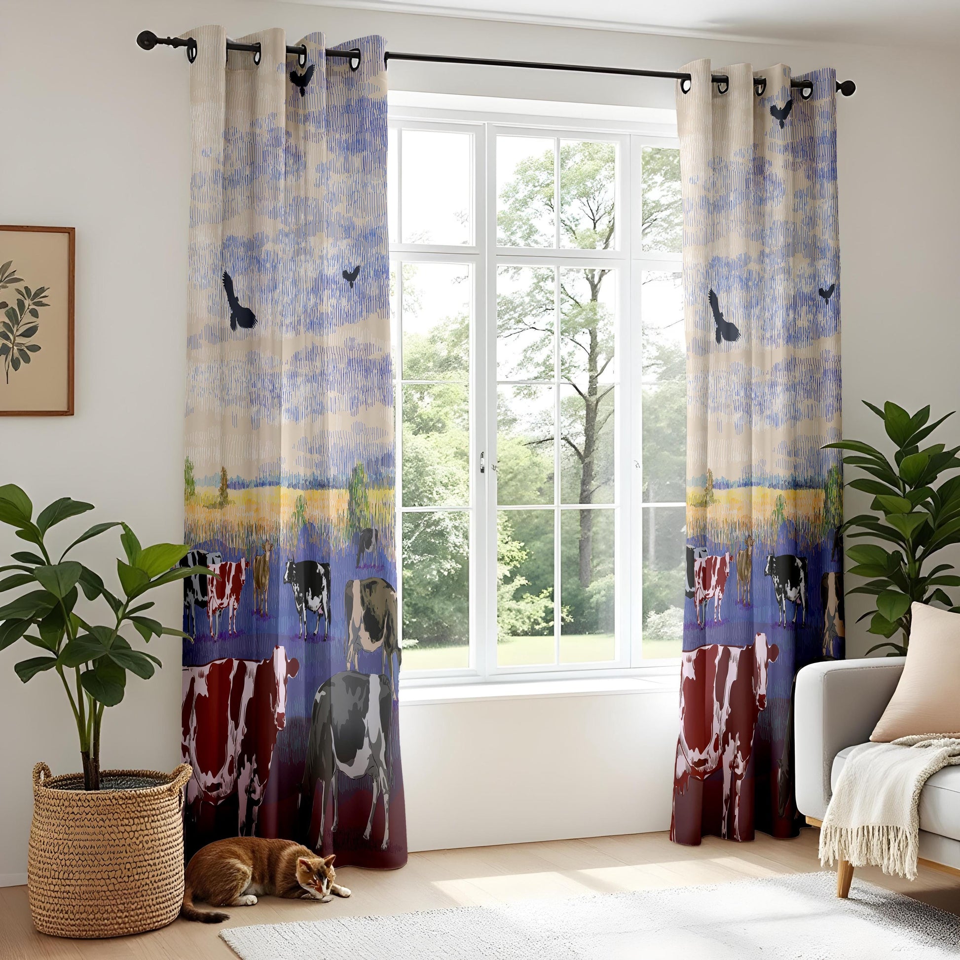 Onay Farmhouse Cow Window Drapes – Rustic Country Landscape