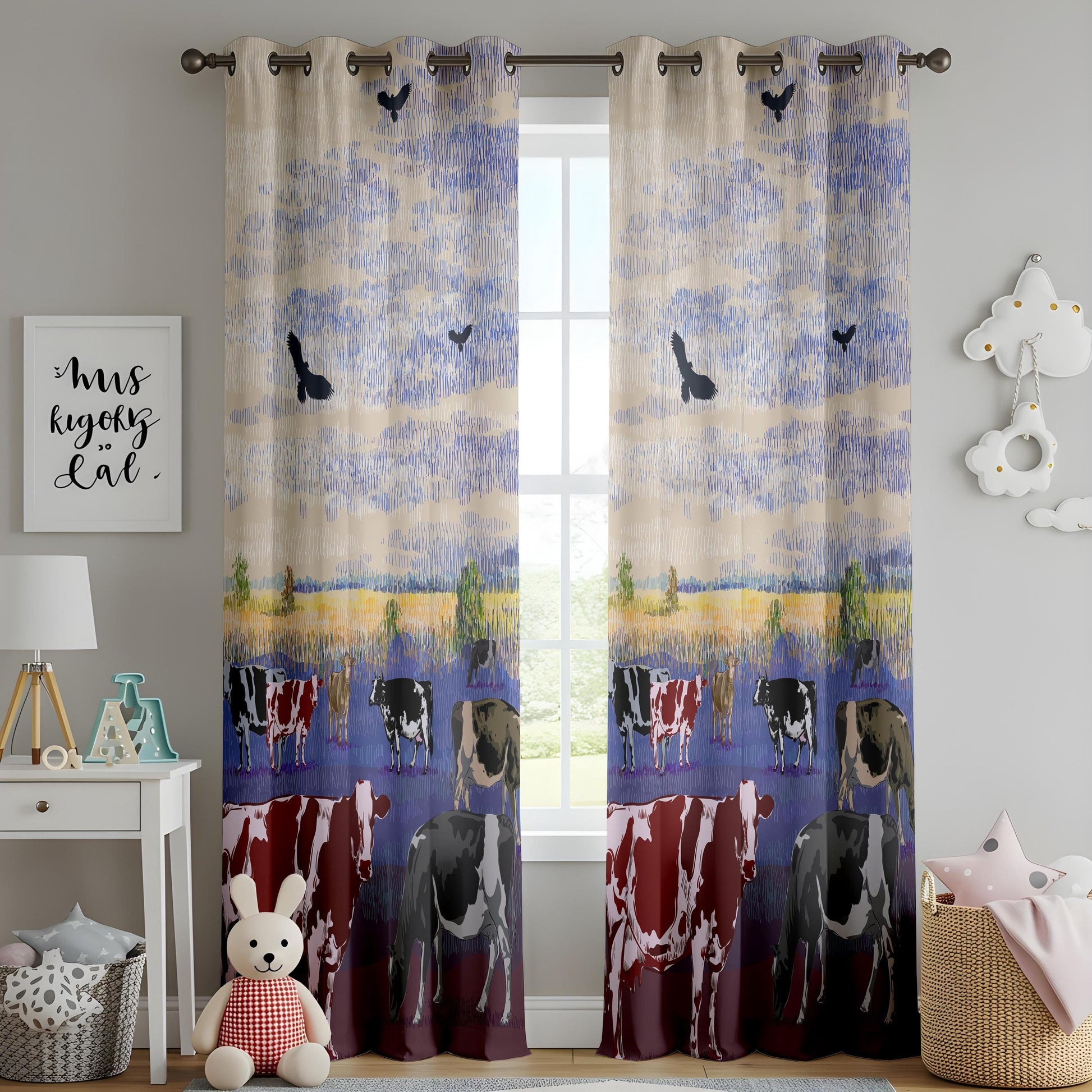 Onay Farmhouse Cow Window Drapes – Rustic Country Landscape