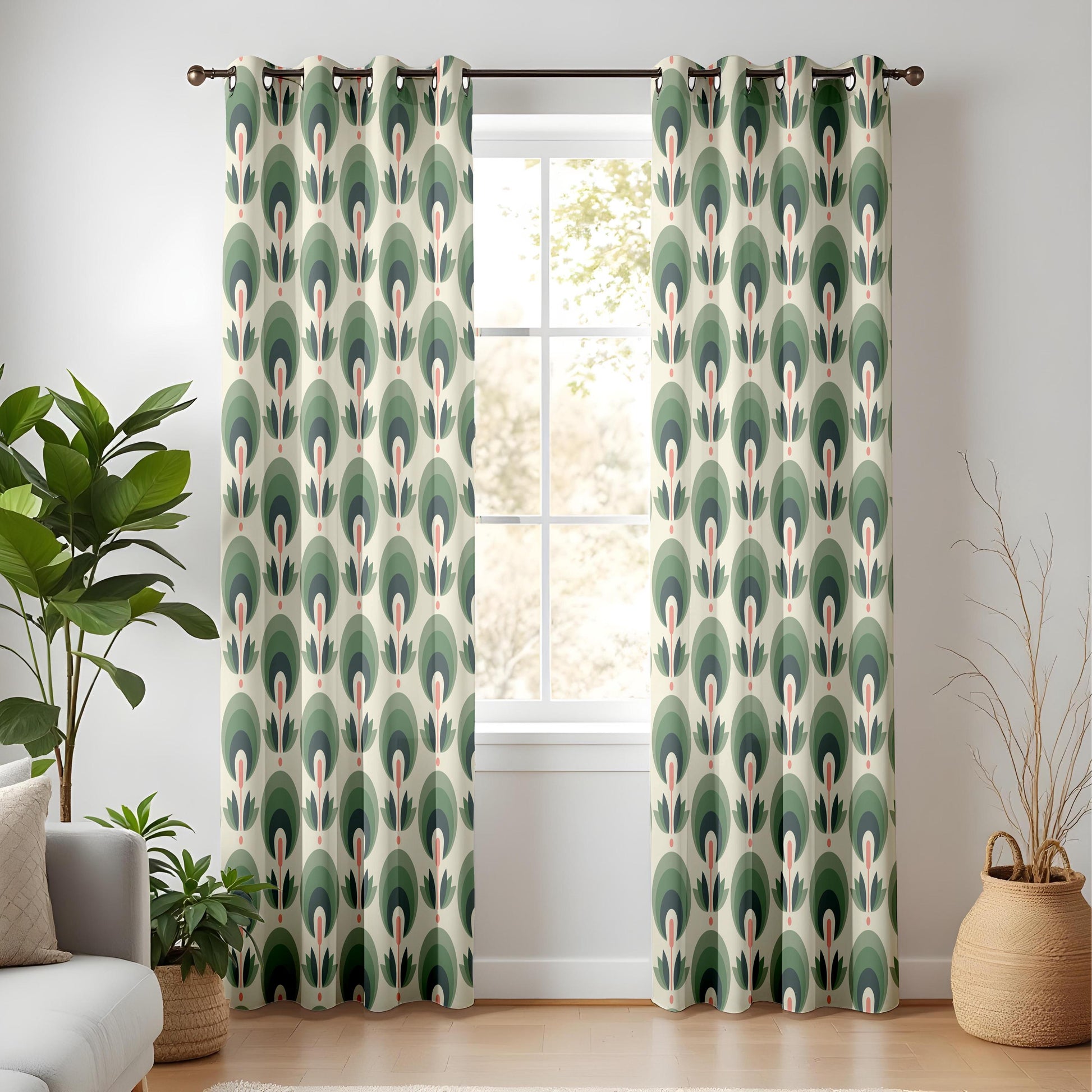 Onay Mid Century Modern Window Curtains – Art Deco Floral Sage Green Drapes