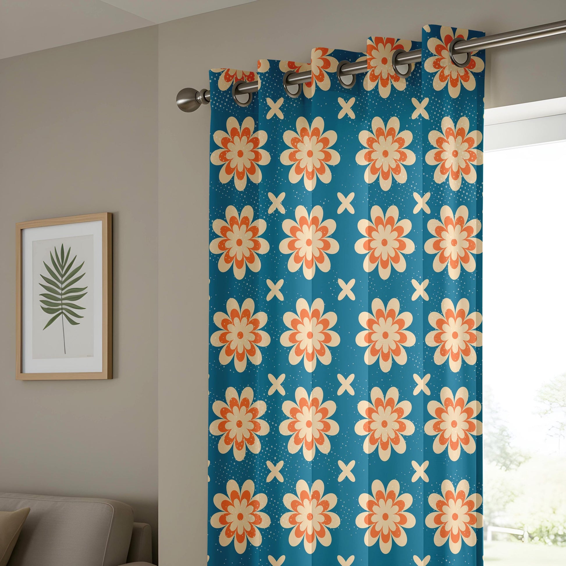 Onay Retro Floral Curtain – Mid Century Modern Orange Teal Flower Drape