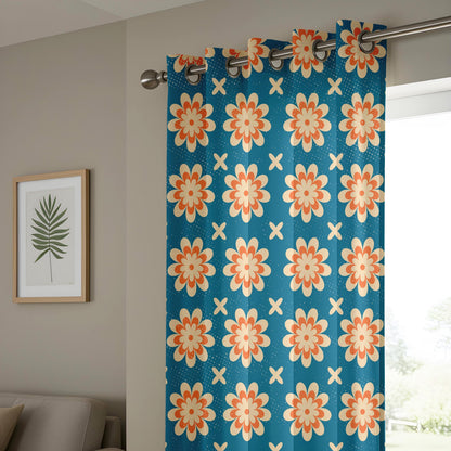 Onay Retro Floral Curtain – Mid Century Modern Orange Teal Flower Drape