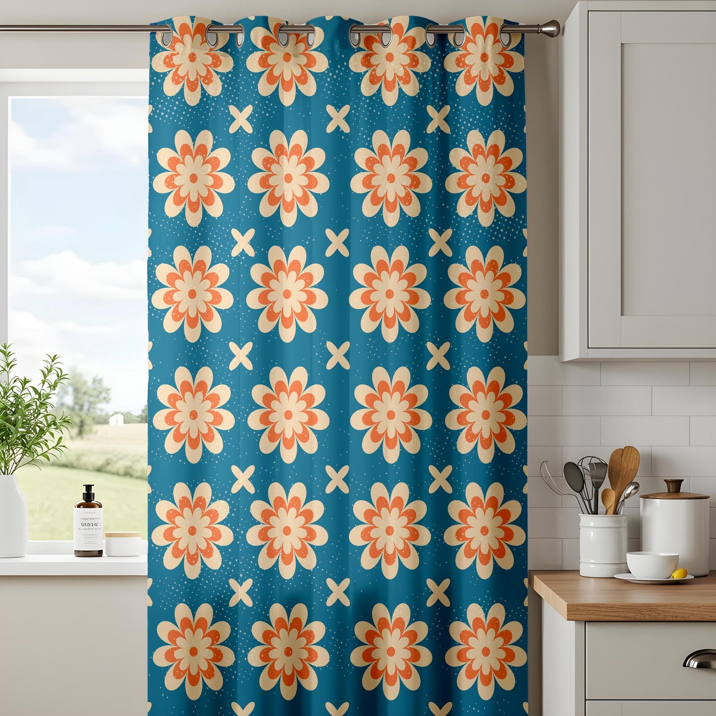 Onay Retro Floral Curtain – Mid Century Modern Orange Teal Flower Drape
