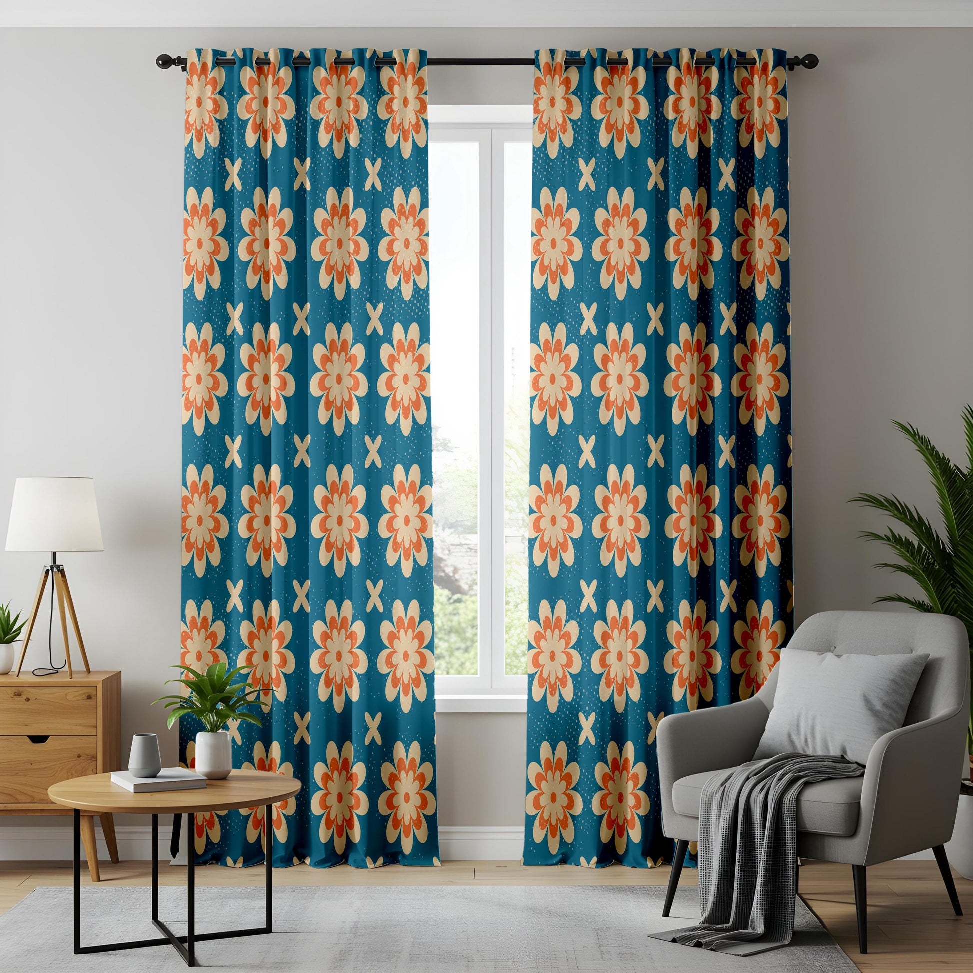 Onay Retro Floral Curtain – Mid Century Modern Orange Teal Flower Drape