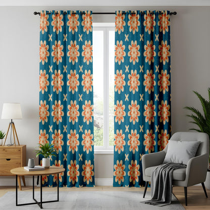 Onay Retro Floral Curtain – Mid Century Modern Orange Teal Flower Drape