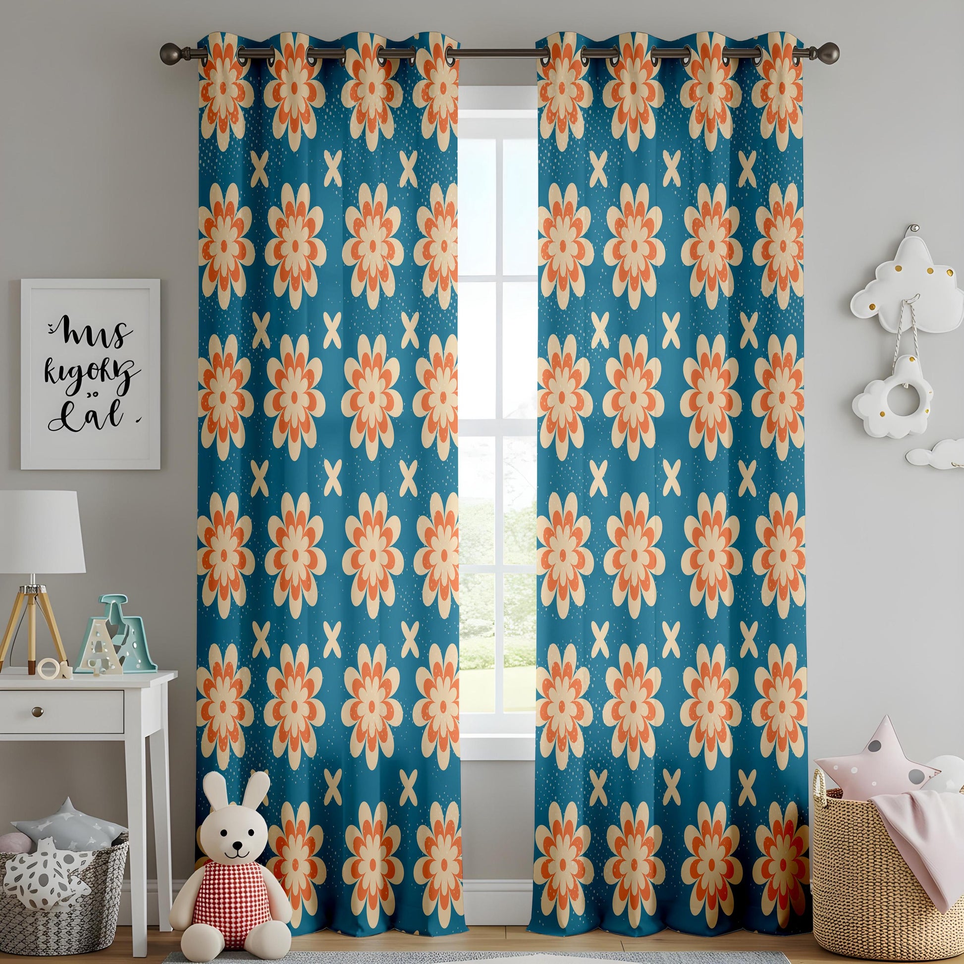 Onay Retro Floral Curtain – Mid Century Modern Orange Teal Flower Drape