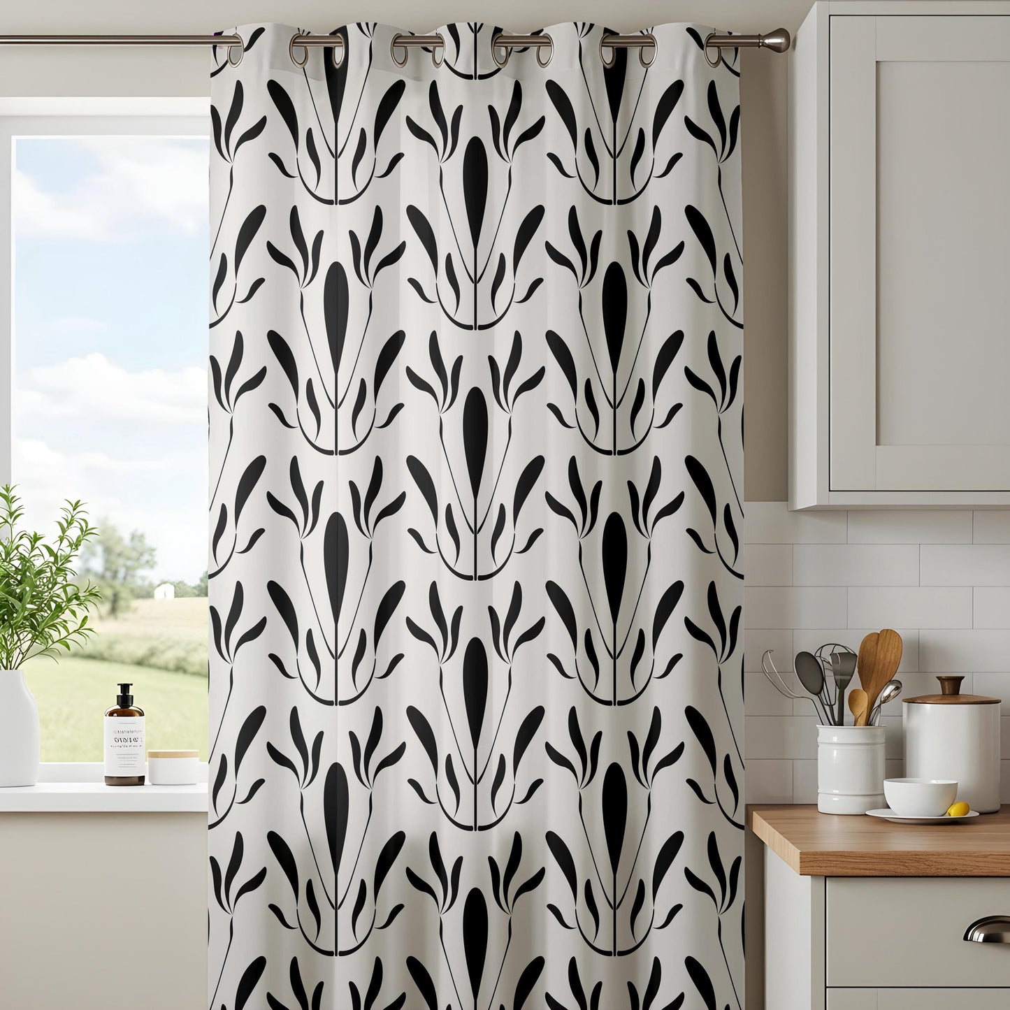 Onay Modern Black White Abstract Leaf Drapes