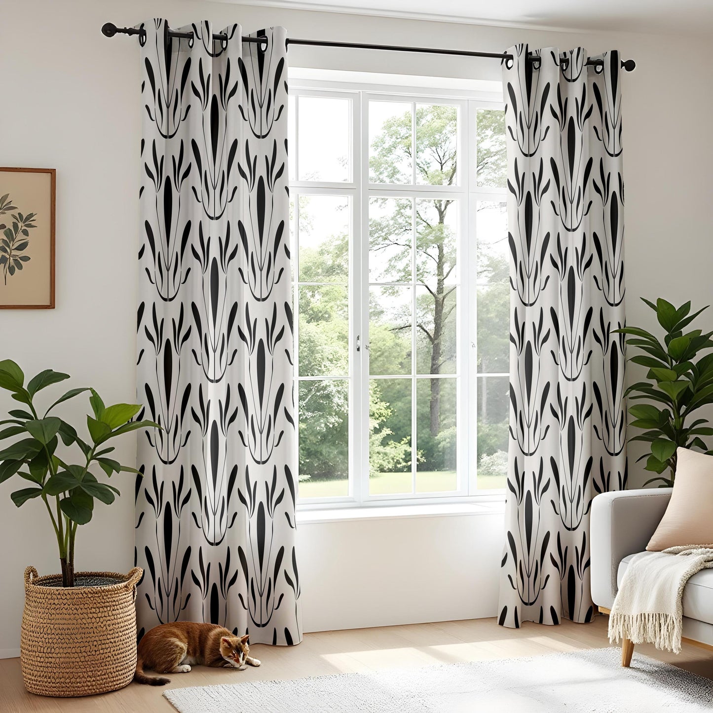 Onay Modern Black White Abstract Leaf Drapes