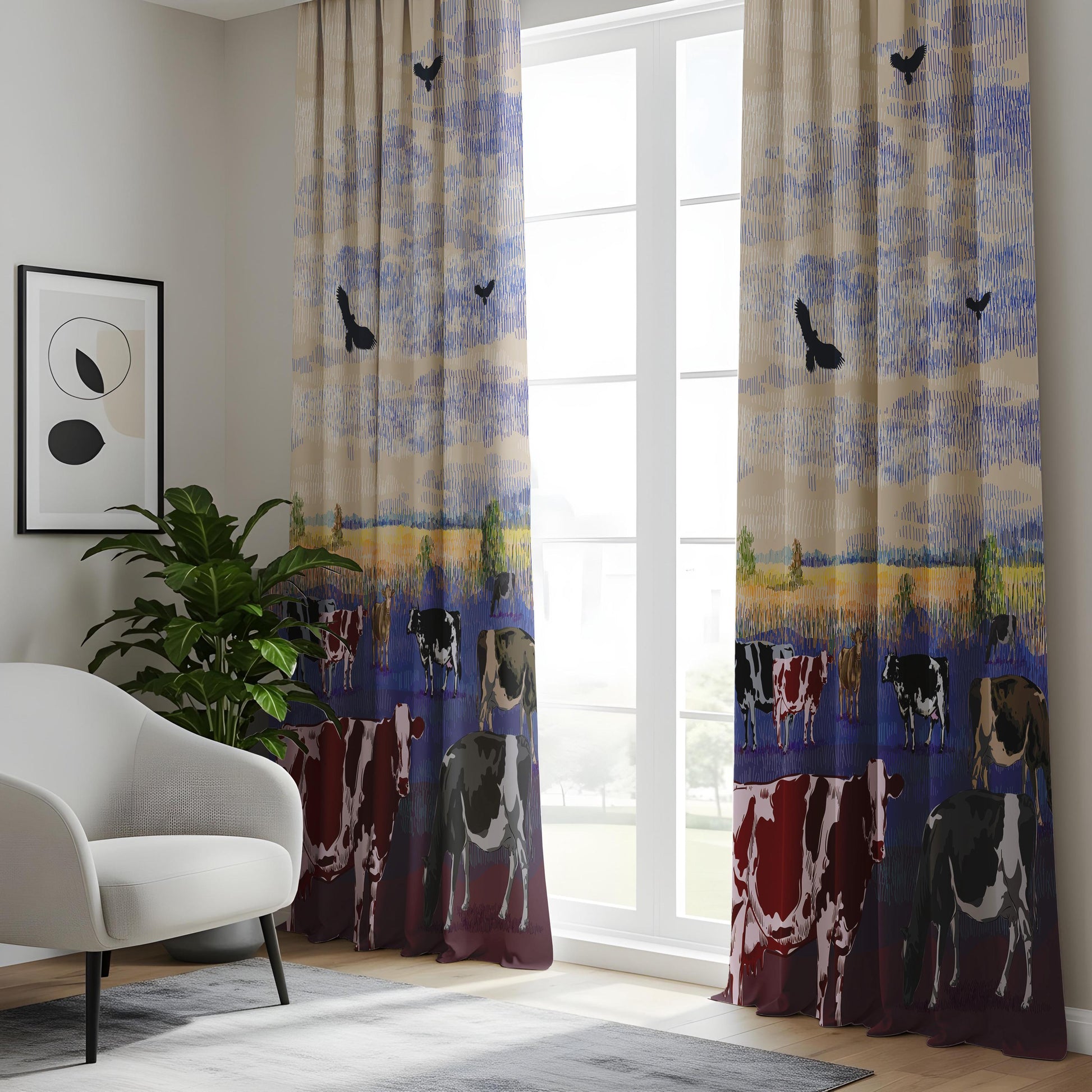 Onay Farmhouse Cow Window Drapes – Rustic Country Landscape