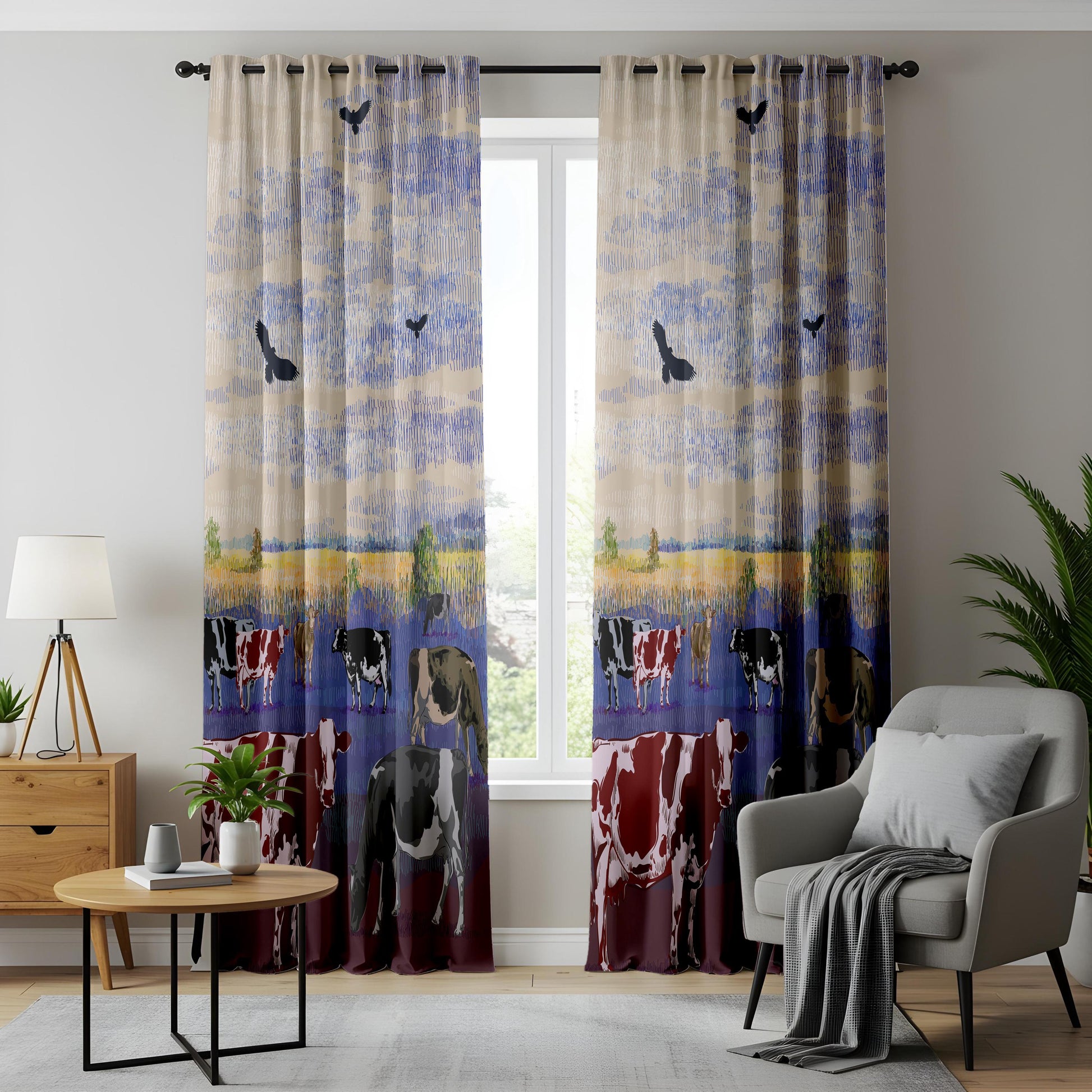 Onay Farmhouse Cow Window Drapes – Rustic Country Landscape