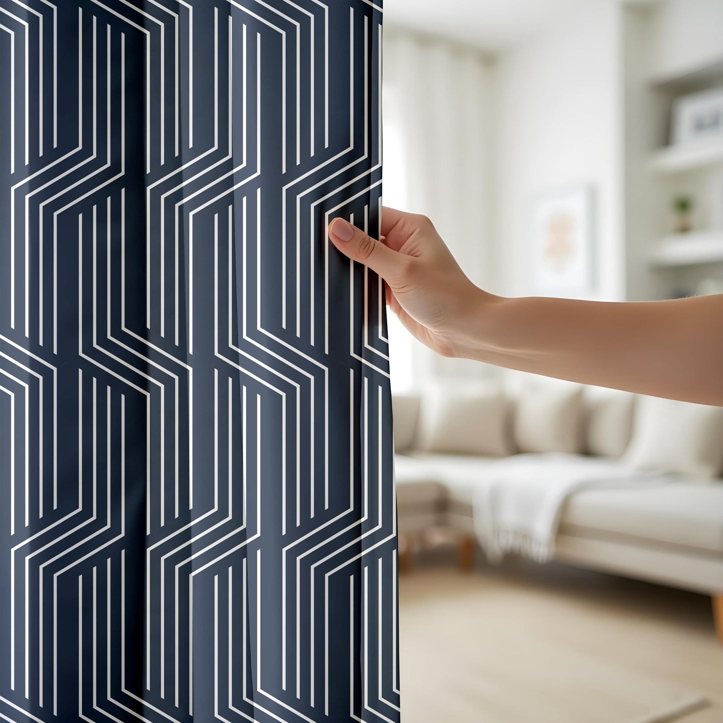 Onay Navy Blue Geometric Line Curtains – Modern Abstract Art Deco Drapes