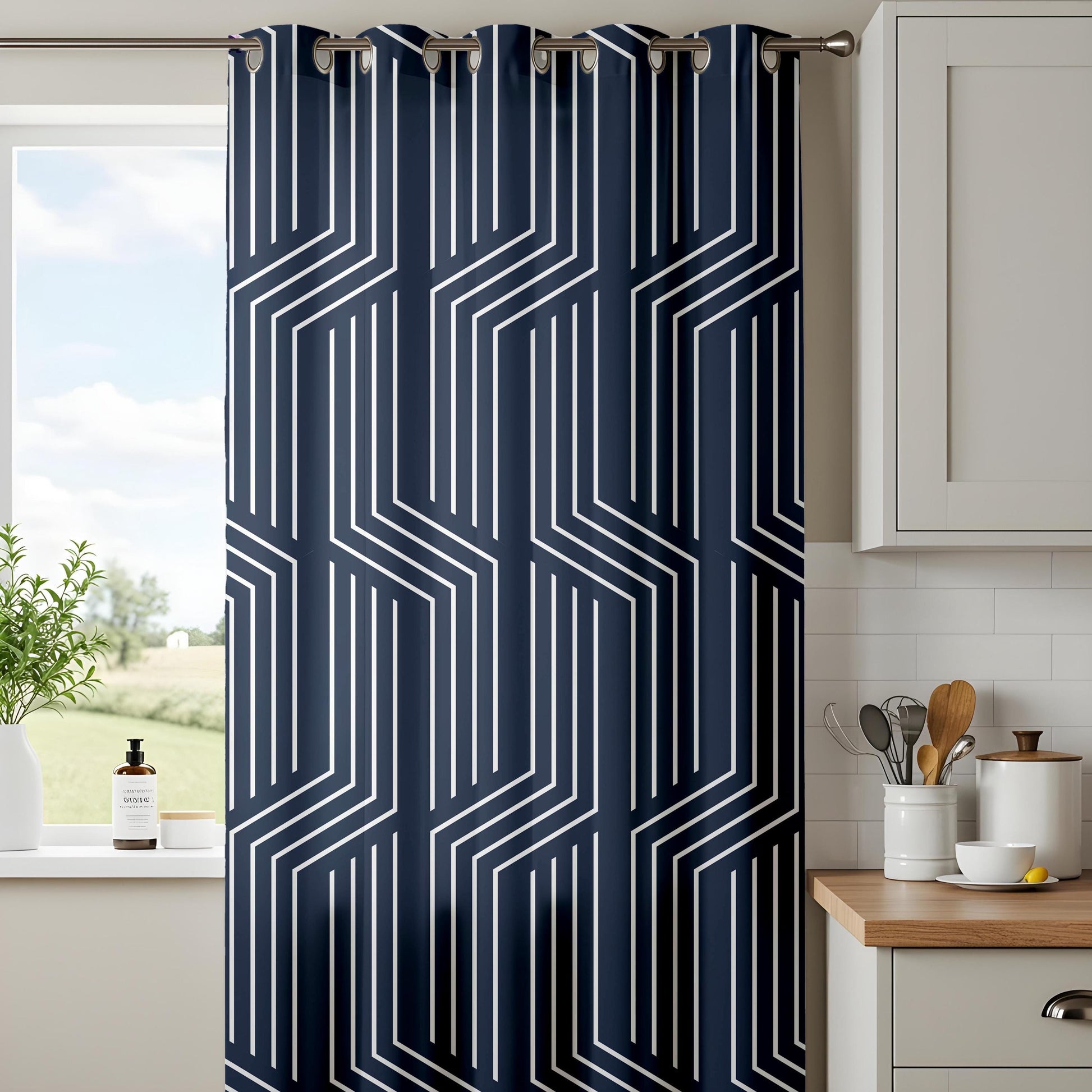 Onay Navy Blue Geometric Line Curtains – Modern Abstract Art Deco Drapes