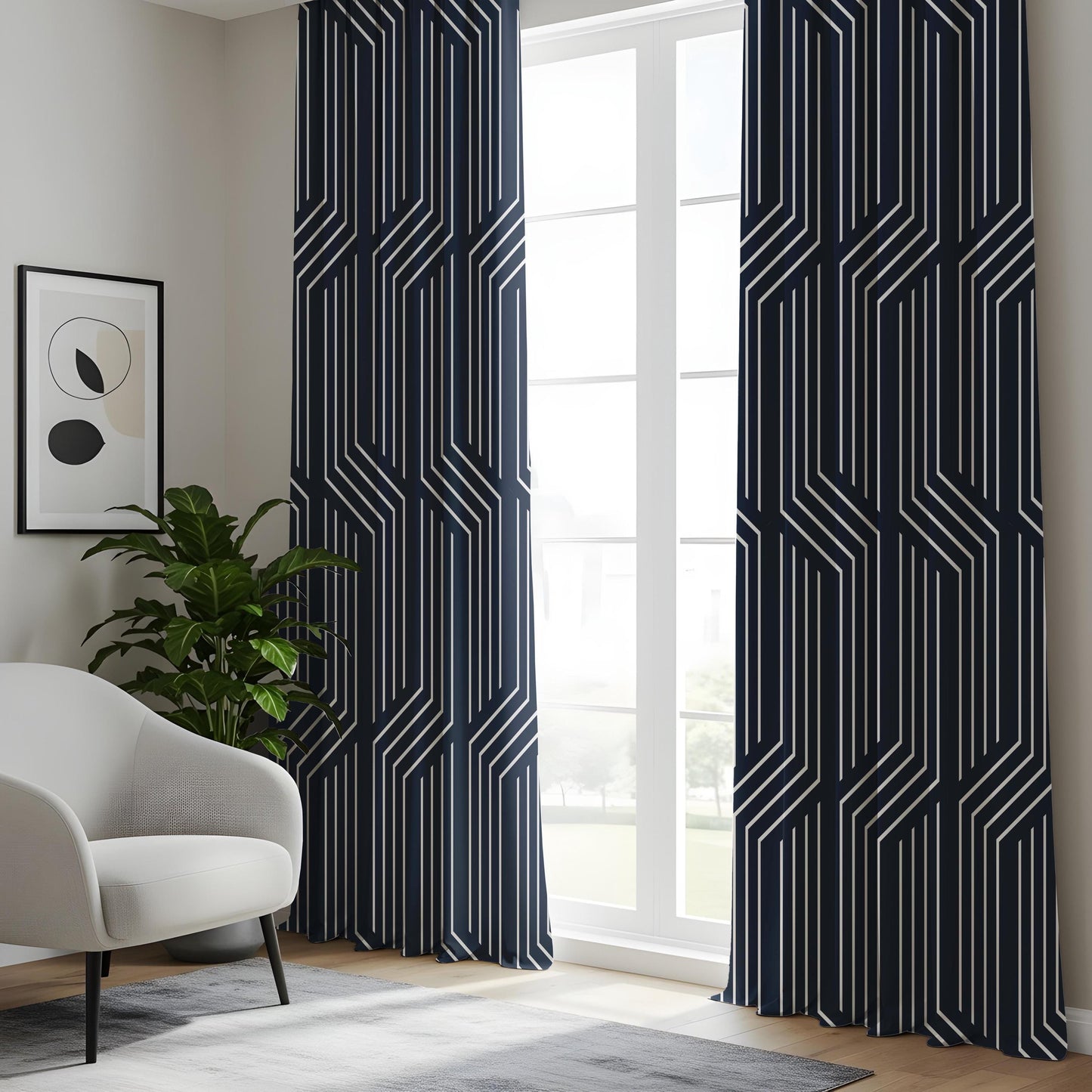Onay Navy Blue Geometric Line Curtains – Modern Abstract Art Deco Drapes