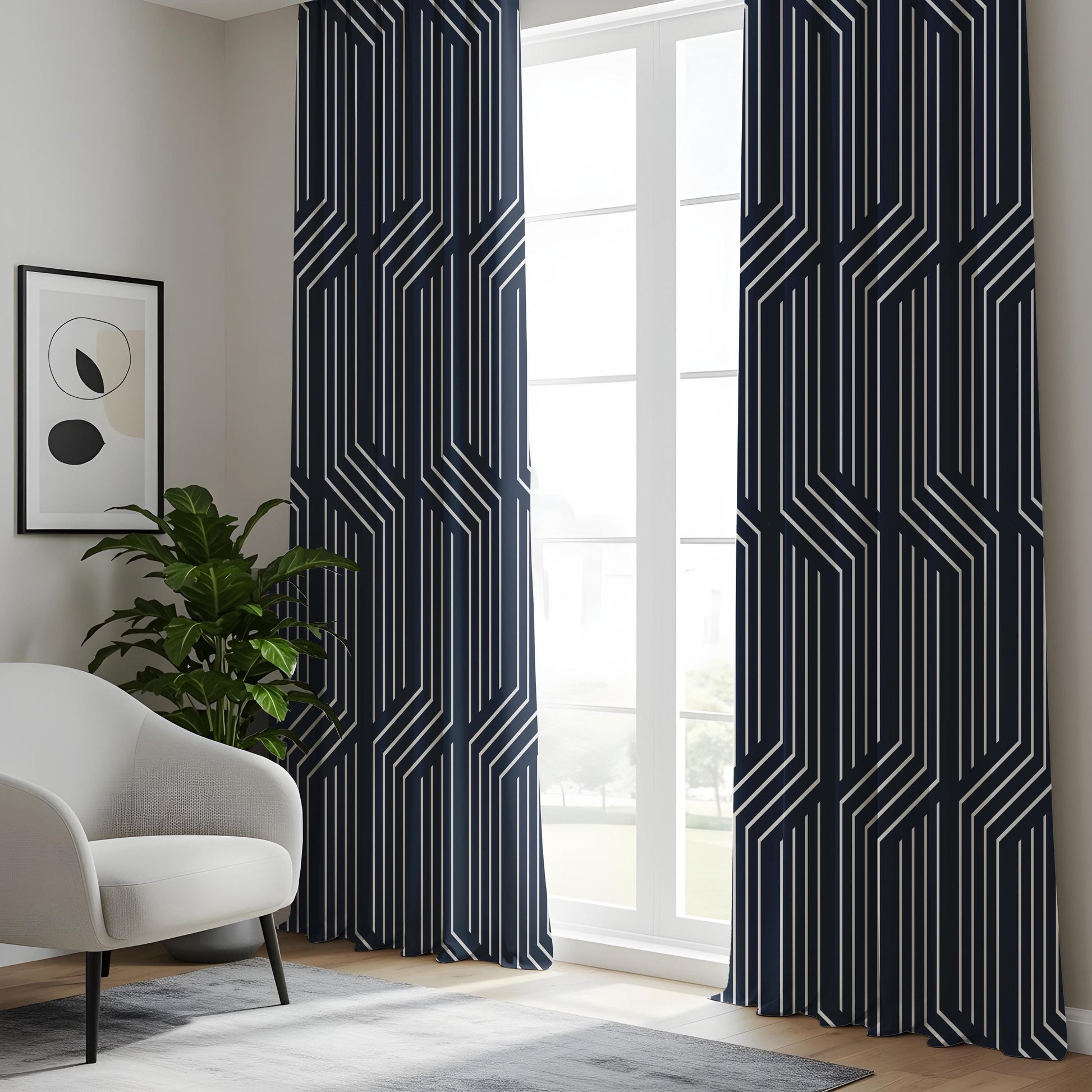 Onay Navy Blue Geometric Line Curtains – Modern Abstract Art Deco Drapes