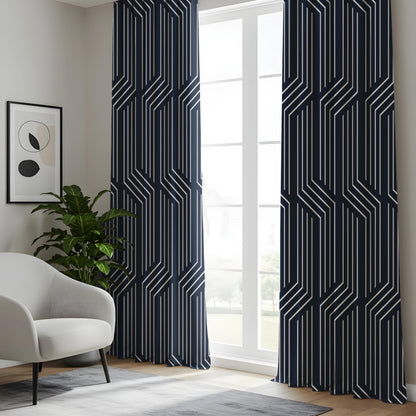 Onay Navy Blue Geometric Line Curtains – Modern Abstract Art Deco Drapes
