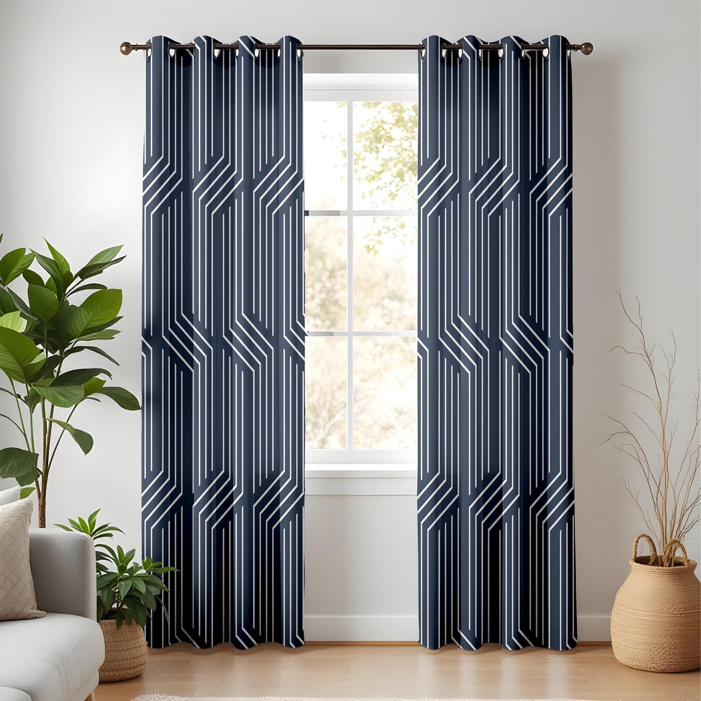 Onay Navy Blue Geometric Line Curtains – Modern Abstract Art Deco Drapes
