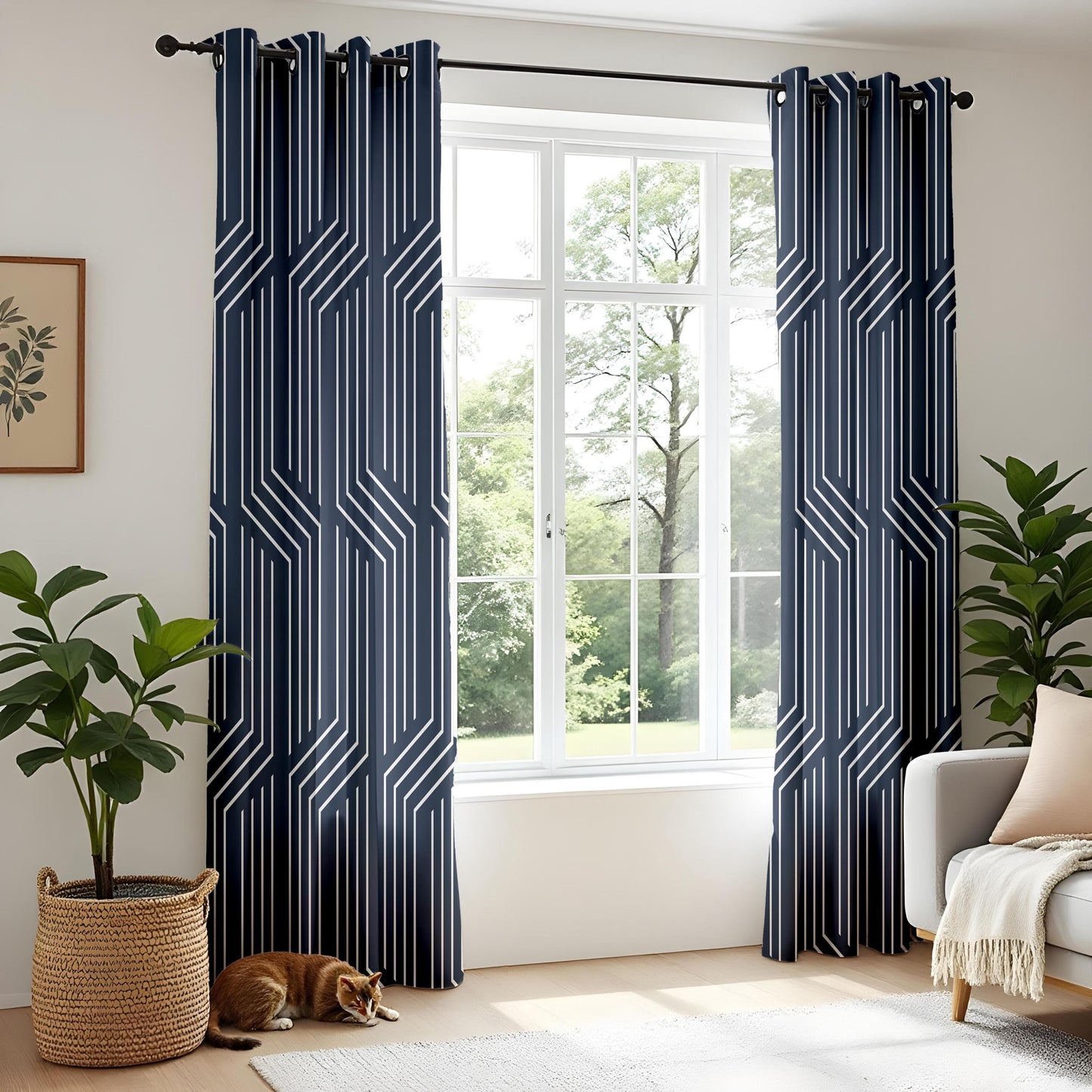 Onay Navy Blue Geometric Line Curtains – Modern Abstract Art Deco Drapes