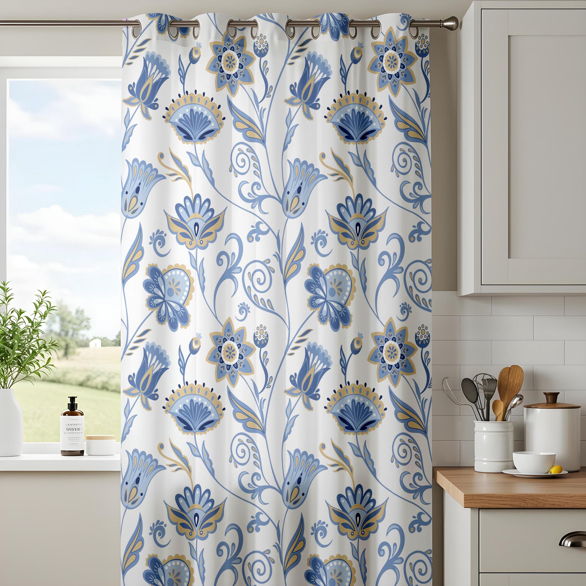 Onay Blue Yellow Floral Curtains – French Country Botanical Drapes