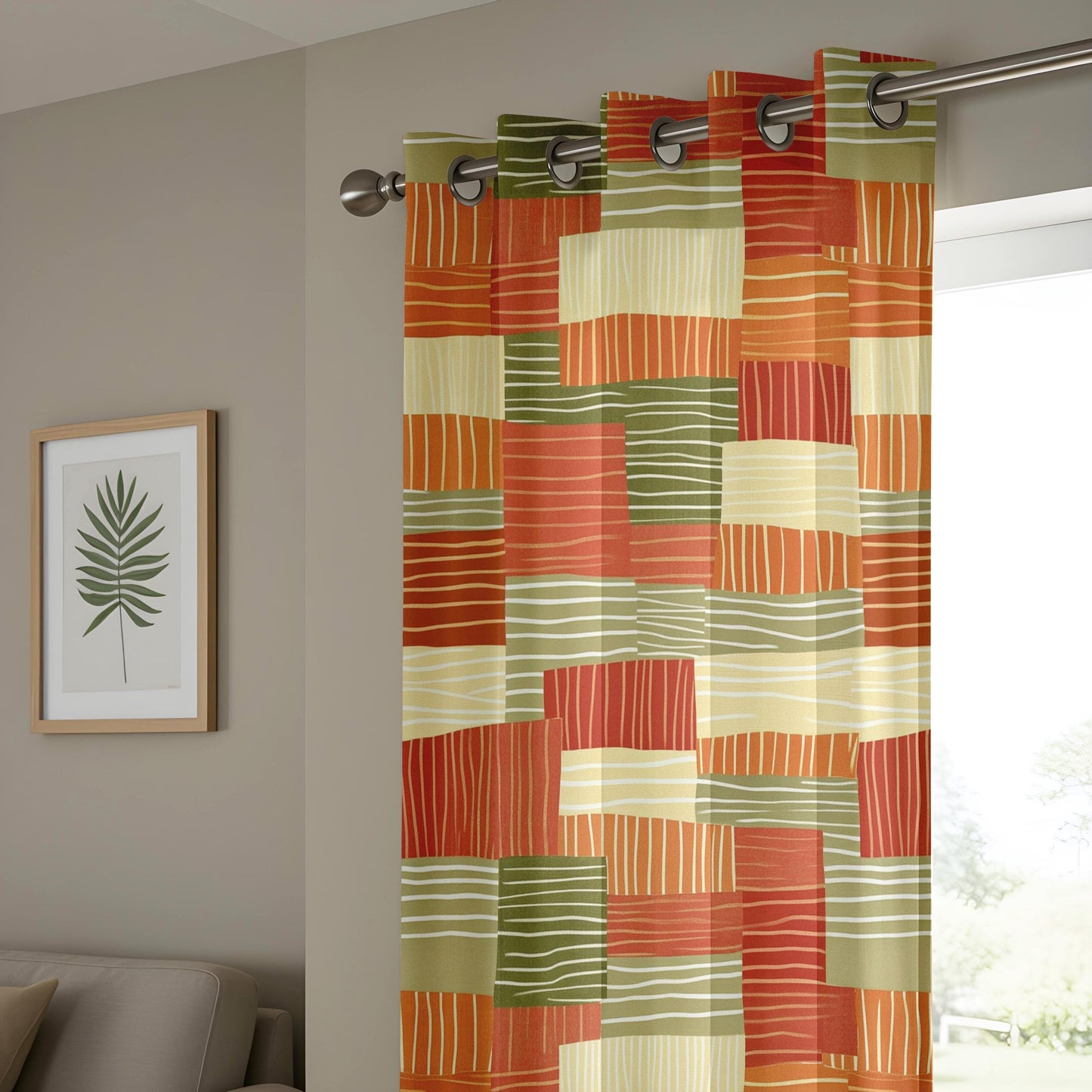 Onay Terracotta Green Color Block Curtains – Boho Retro Living Room