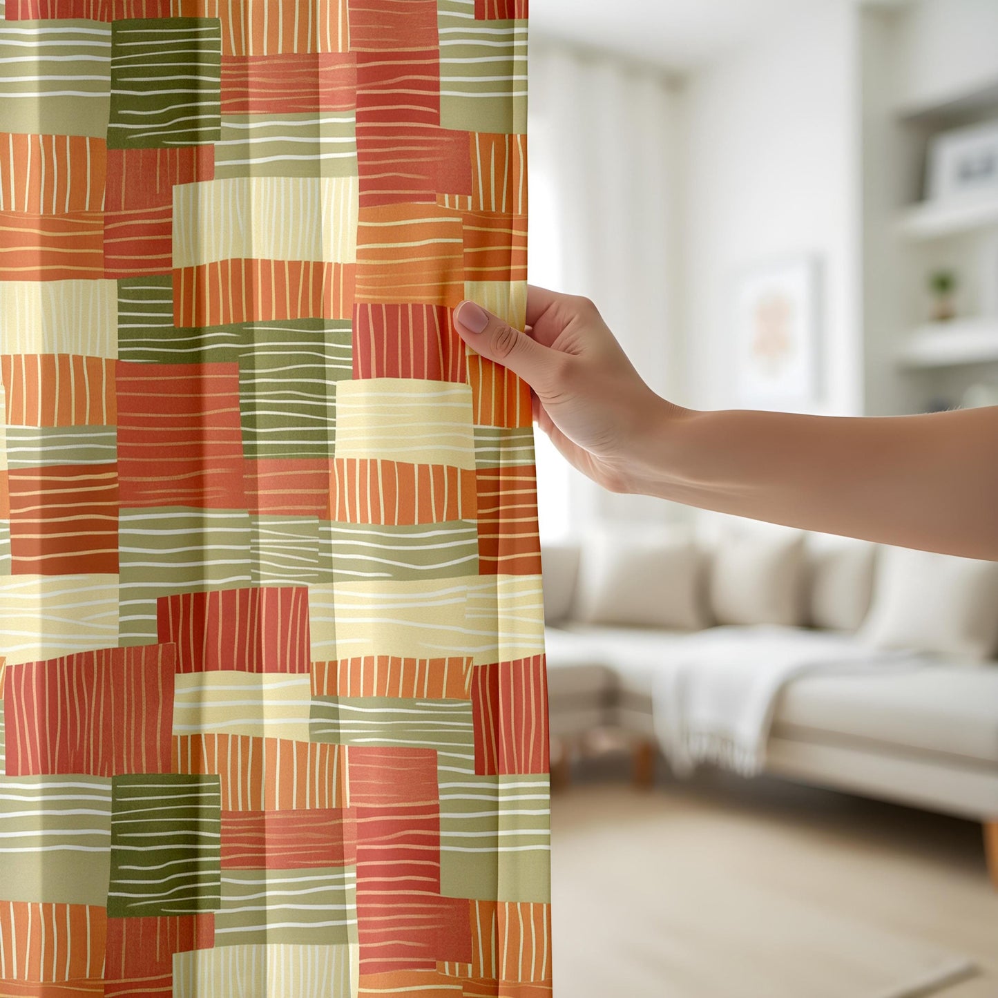 Onay Terracotta Green Color Block Curtains – Boho Retro Living Room
