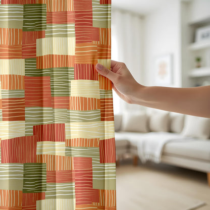 Onay Terracotta Green Color Block Curtains – Boho Retro Living Room