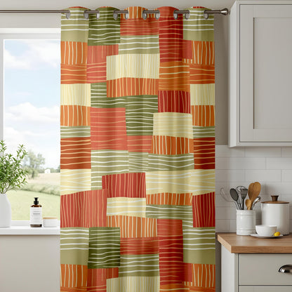 Onay Terracotta Green Color Block Curtains – Boho Retro Living Room