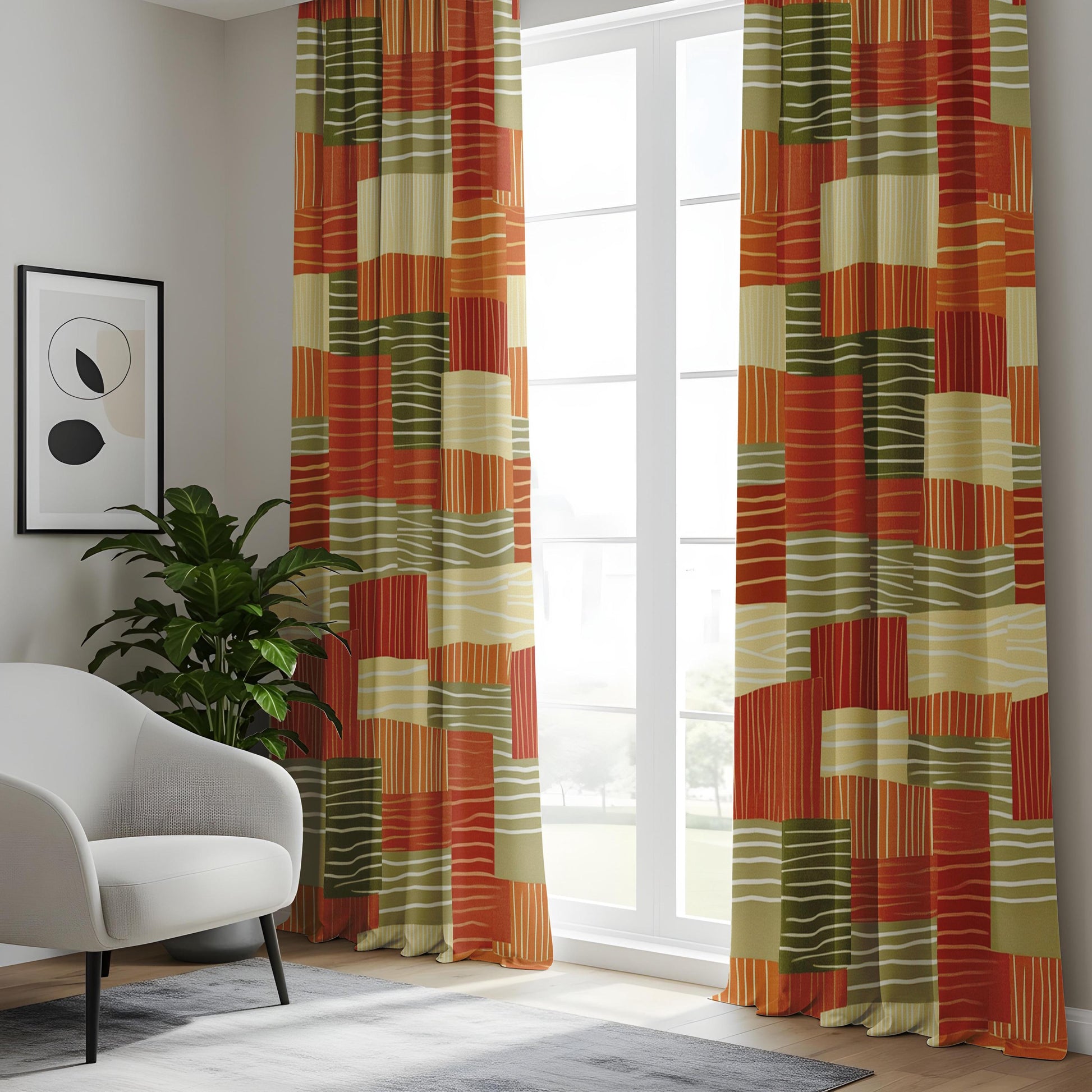 Onay Terracotta Green Color Block Curtains – Boho Retro Living Room