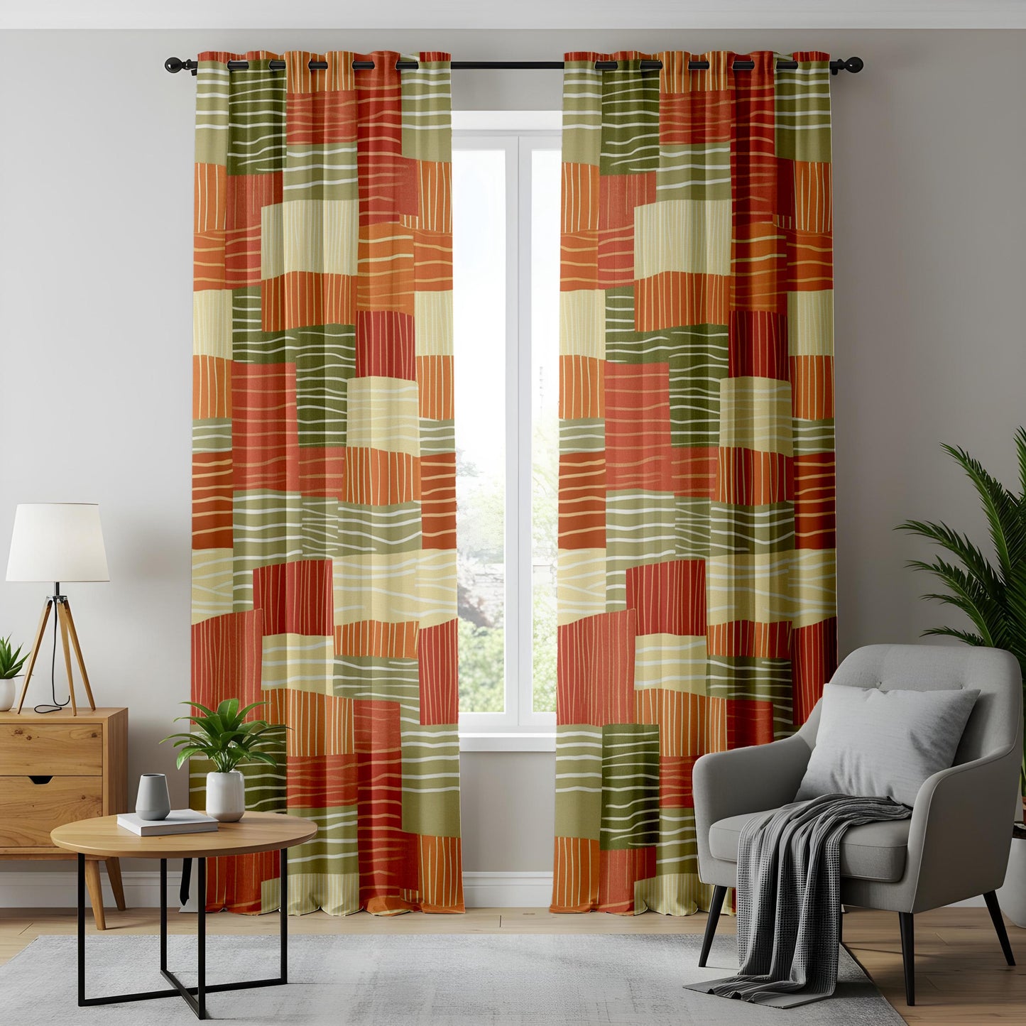Onay Terracotta Green Color Block Curtains – Boho Retro Living Room