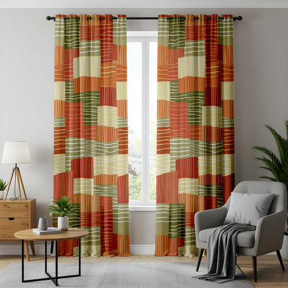 Onay Terracotta Green Color Block Curtains – Boho Retro Living Room