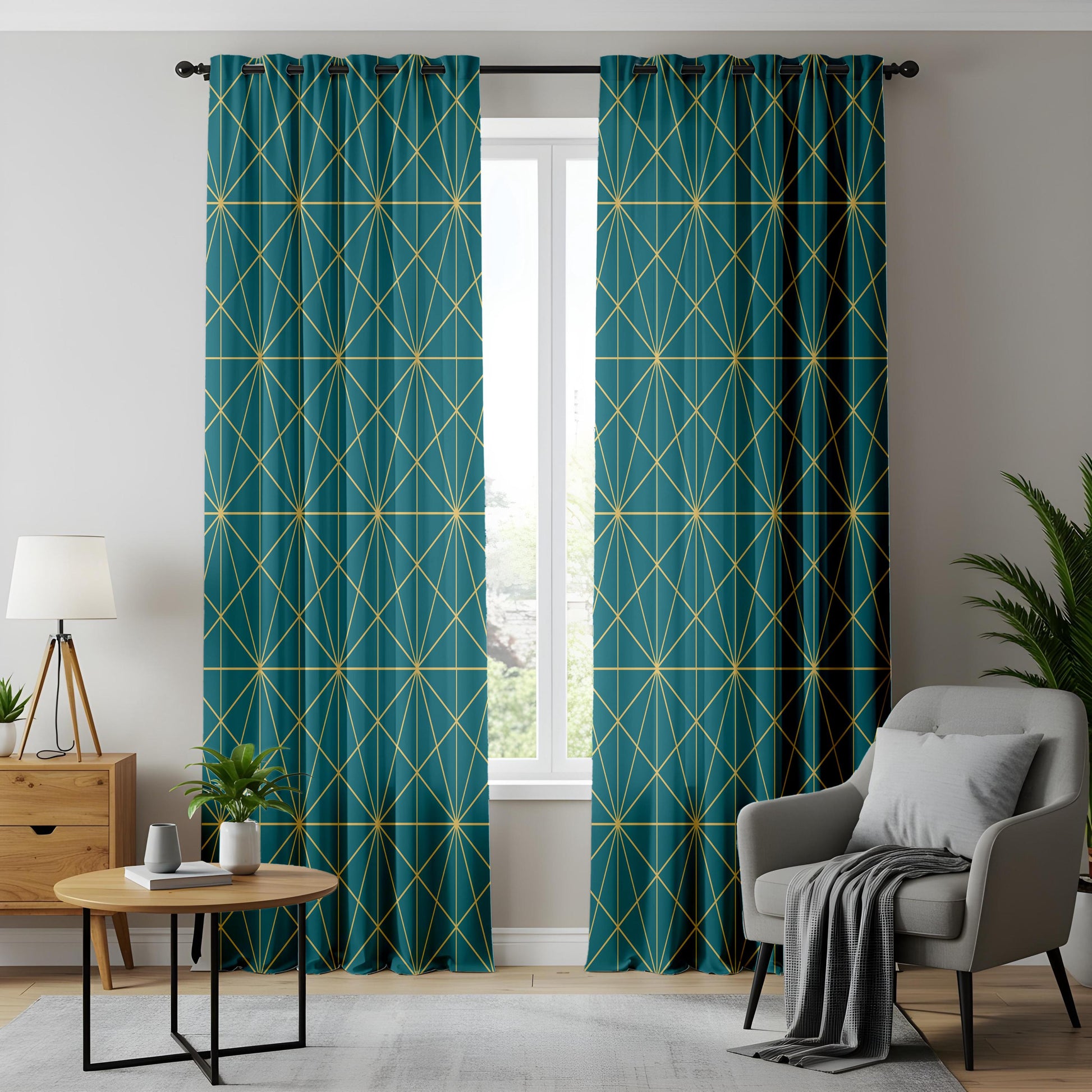 Onay Teal Gold/Yellow Geometric Curtains – Modern Art Deco Line Drapes