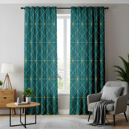 Onay Teal Gold/Yellow Geometric Curtains – Modern Art Deco Line Drapes