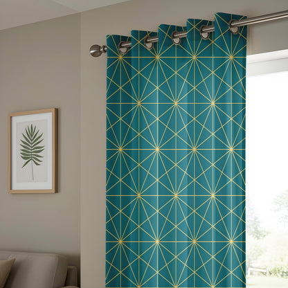 Onay Teal Gold/Yellow Geometric Curtains – Modern Art Deco Line Drapes