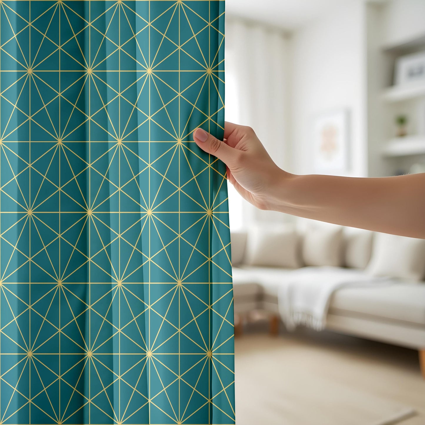 Onay Teal Gold/Yellow Geometric Curtains – Modern Art Deco Line Drapes