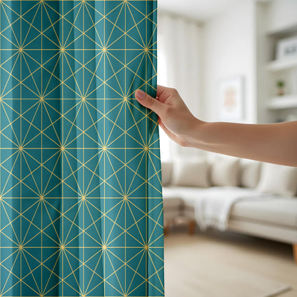 Onay Teal Gold/Yellow Geometric Curtains – Modern Art Deco Line Drapes