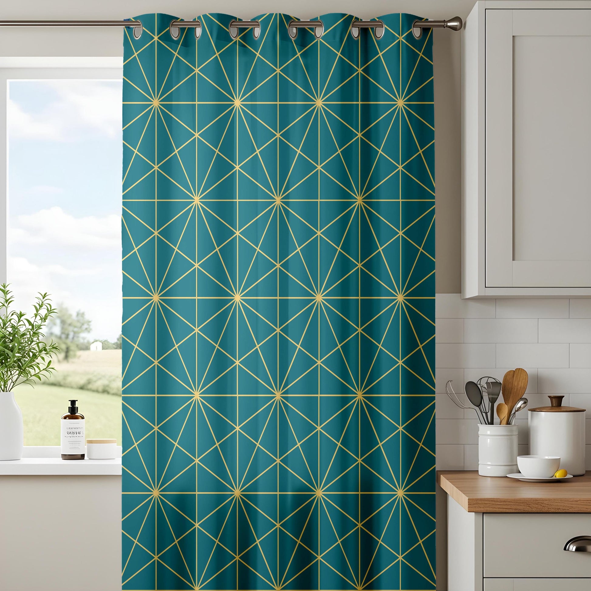 Onay Teal Gold/Yellow Geometric Curtains – Modern Art Deco Line Drapes