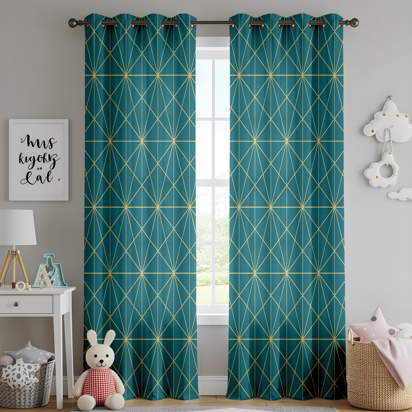 Onay Teal Gold/Yellow Geometric Curtains – Modern Art Deco Line Drapes