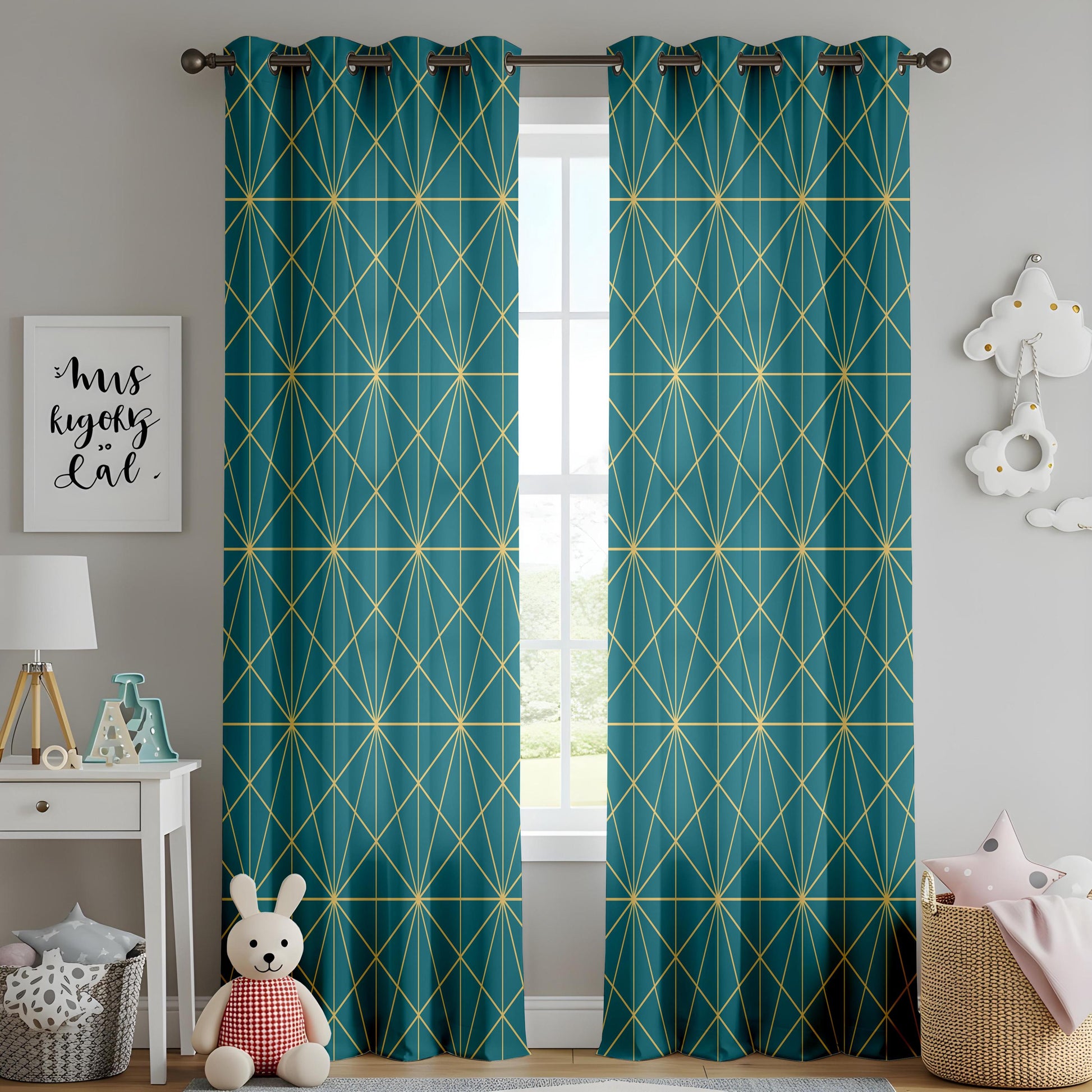Onay Teal Gold/Yellow Geometric Curtains – Modern Art Deco Line Drapes