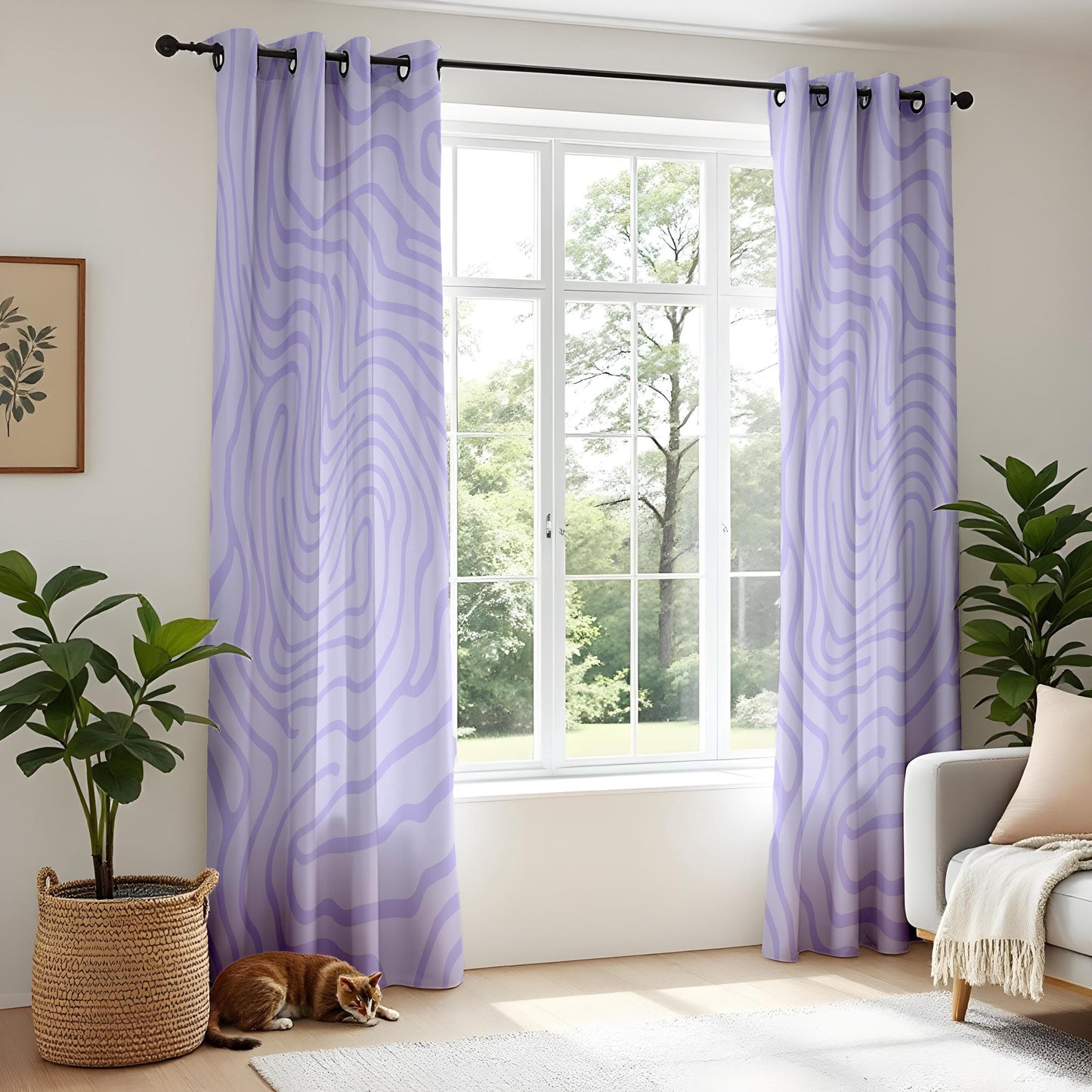 Onay Lilac Purple Wavy Line Curtains – Modern Abstract Swirl Drapes