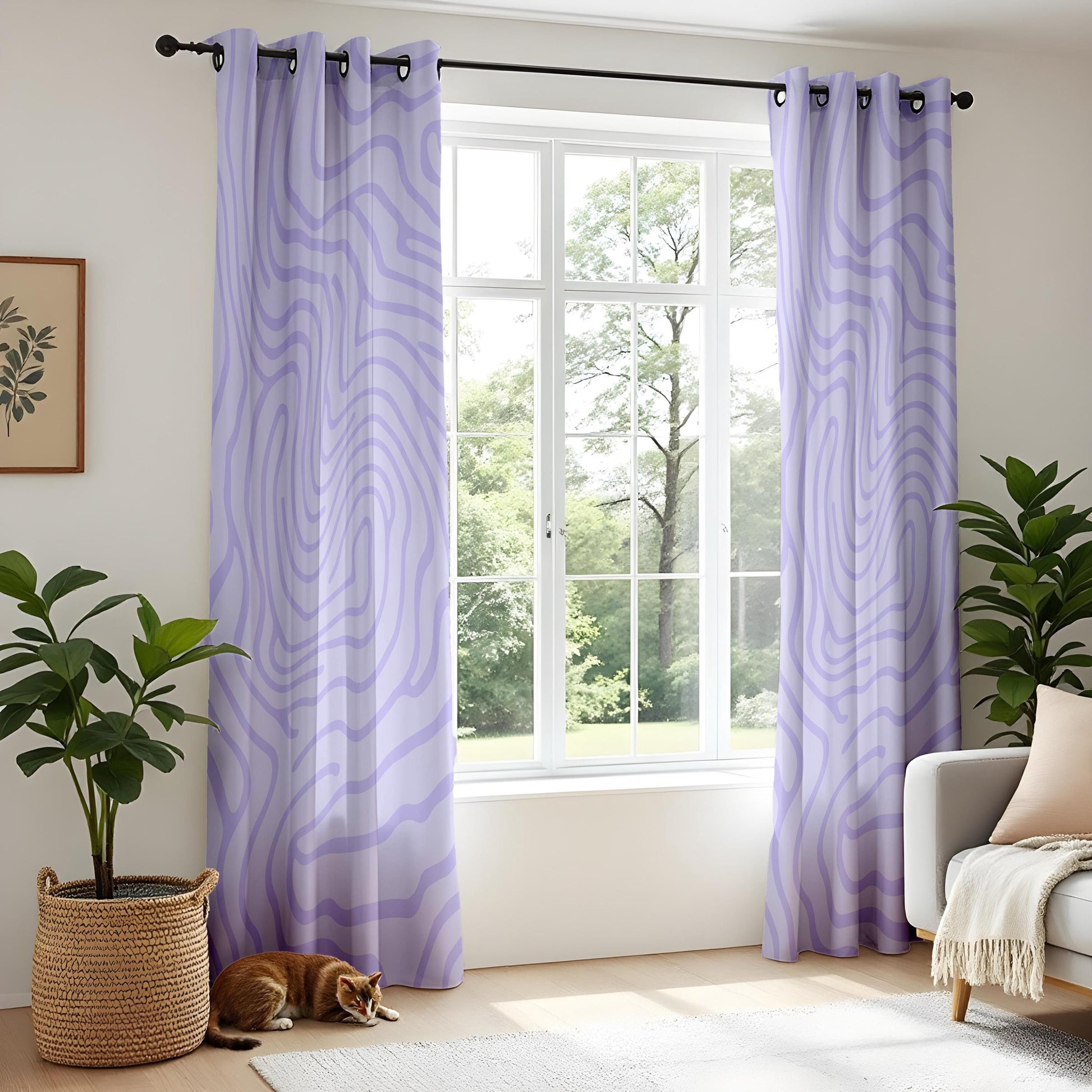 Onay Lilac Purple Wavy Line Curtains – Modern Abstract Swirl Drapes